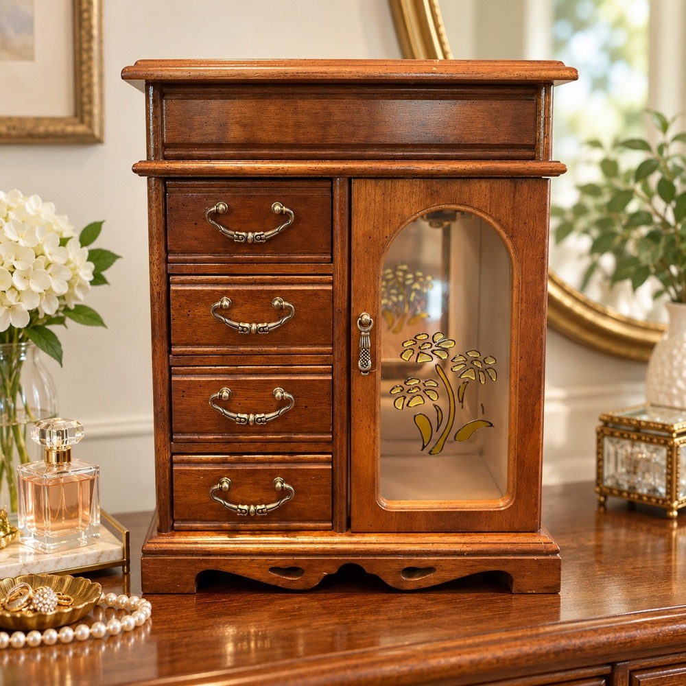 Vintage Montgomery Ward Wondercrafts Jewelry Armoire Floral Glass 4 Drawer